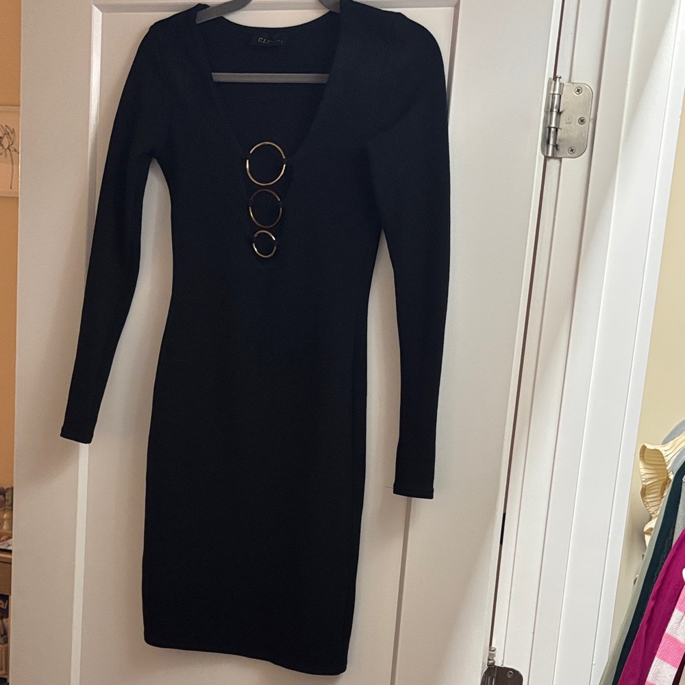 Club L Black bodycon Dress with keyhole Gold Rings